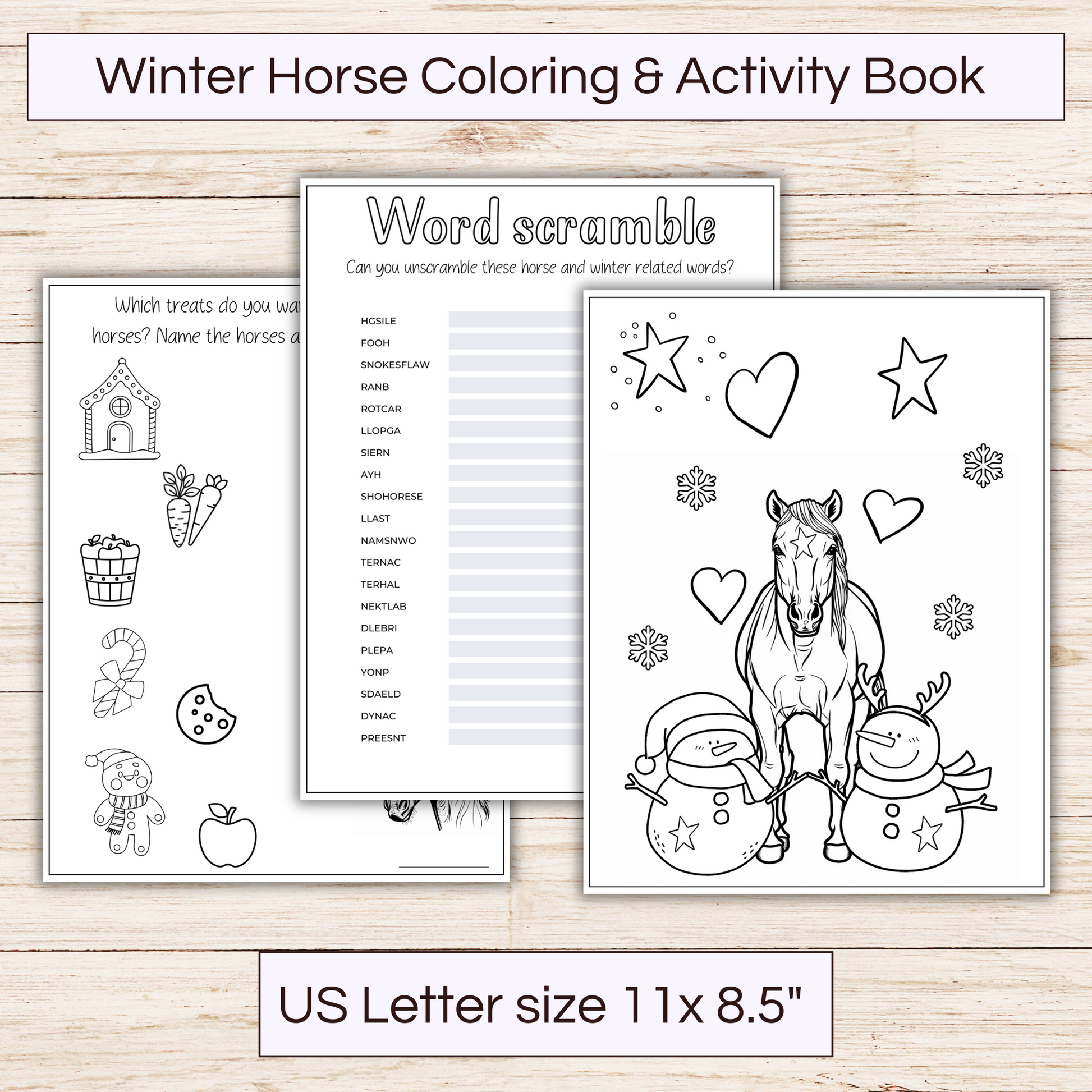 Printable winter horse coloring and activity book for kids. Showing 3 pages of activities. Us letter size.