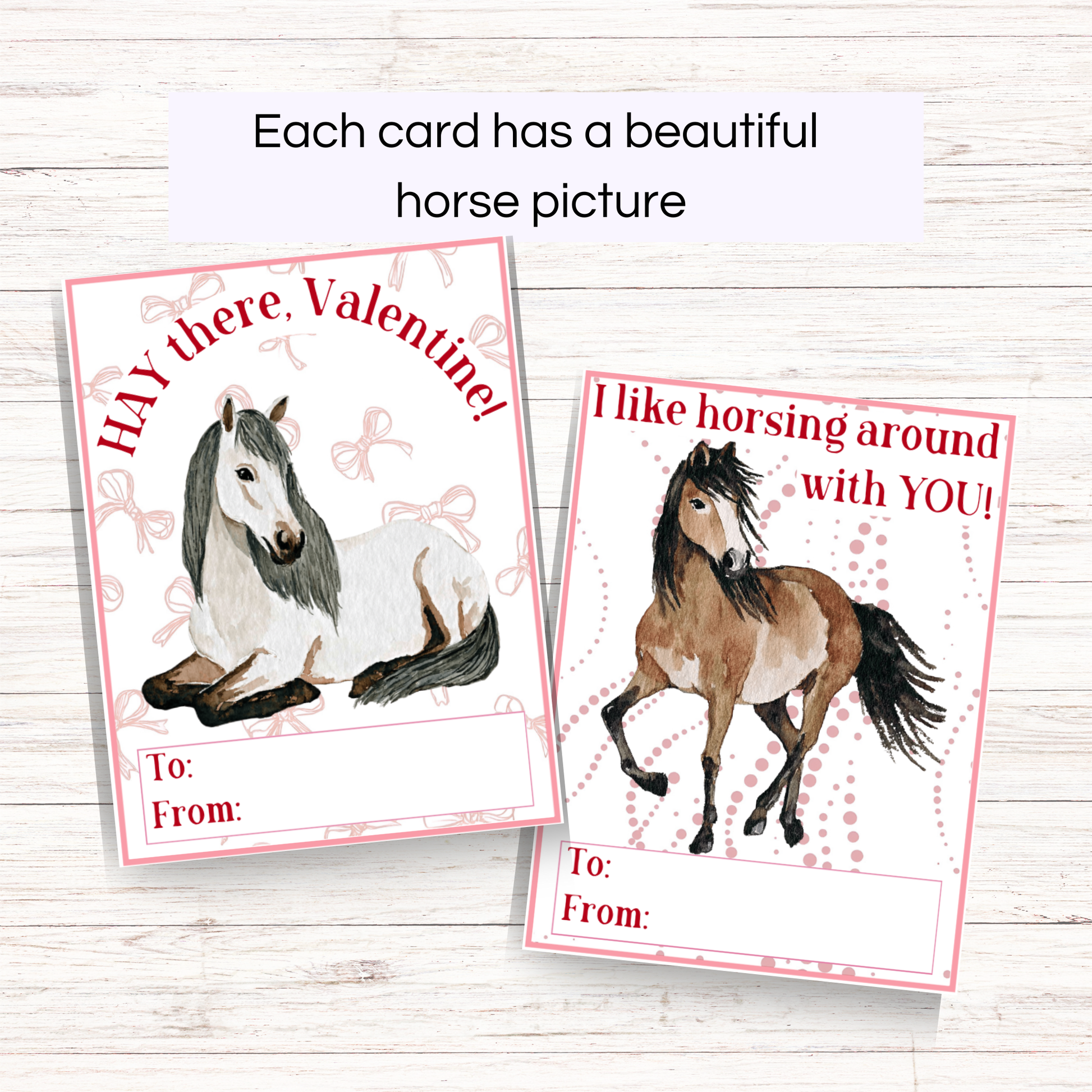 Close up of 2 Valentine's Day horse cards, white and brown horse on a pink background.