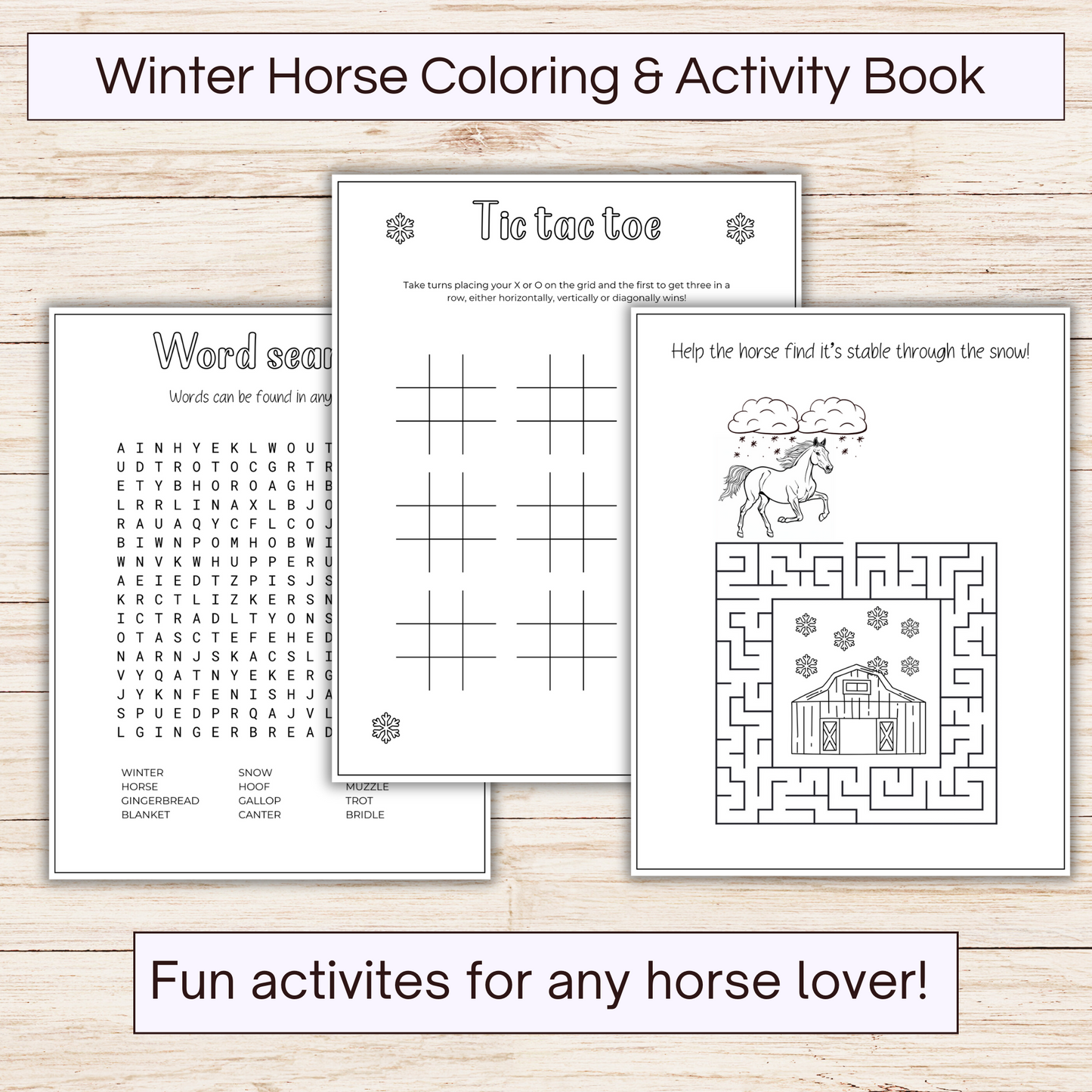 Printable winter horse coloring and activity book for kids. Showing 3 pages of activities.