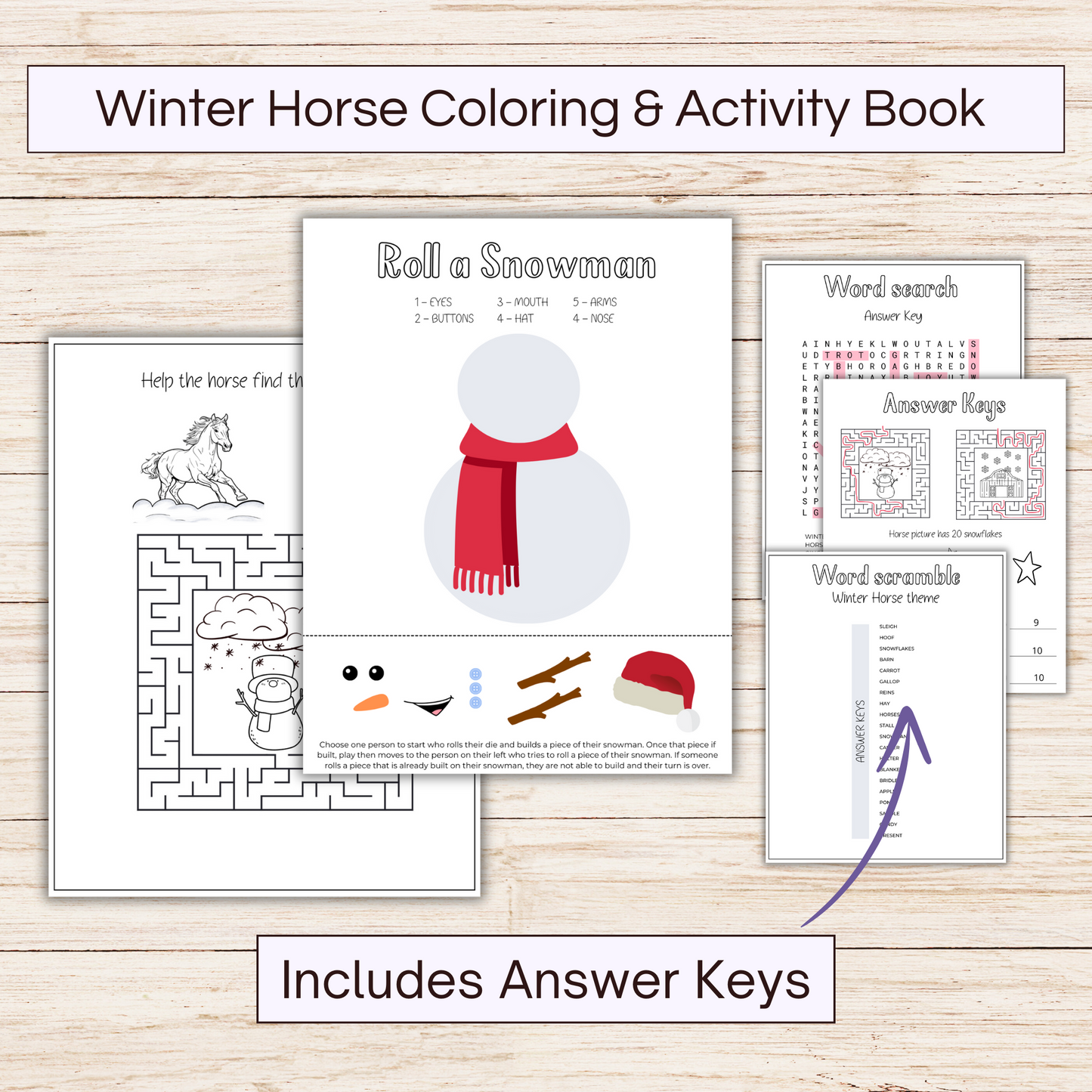 Printable winter horse coloring and activity book for kids. Showing pages of maze and roll a snowman and answer keys. 