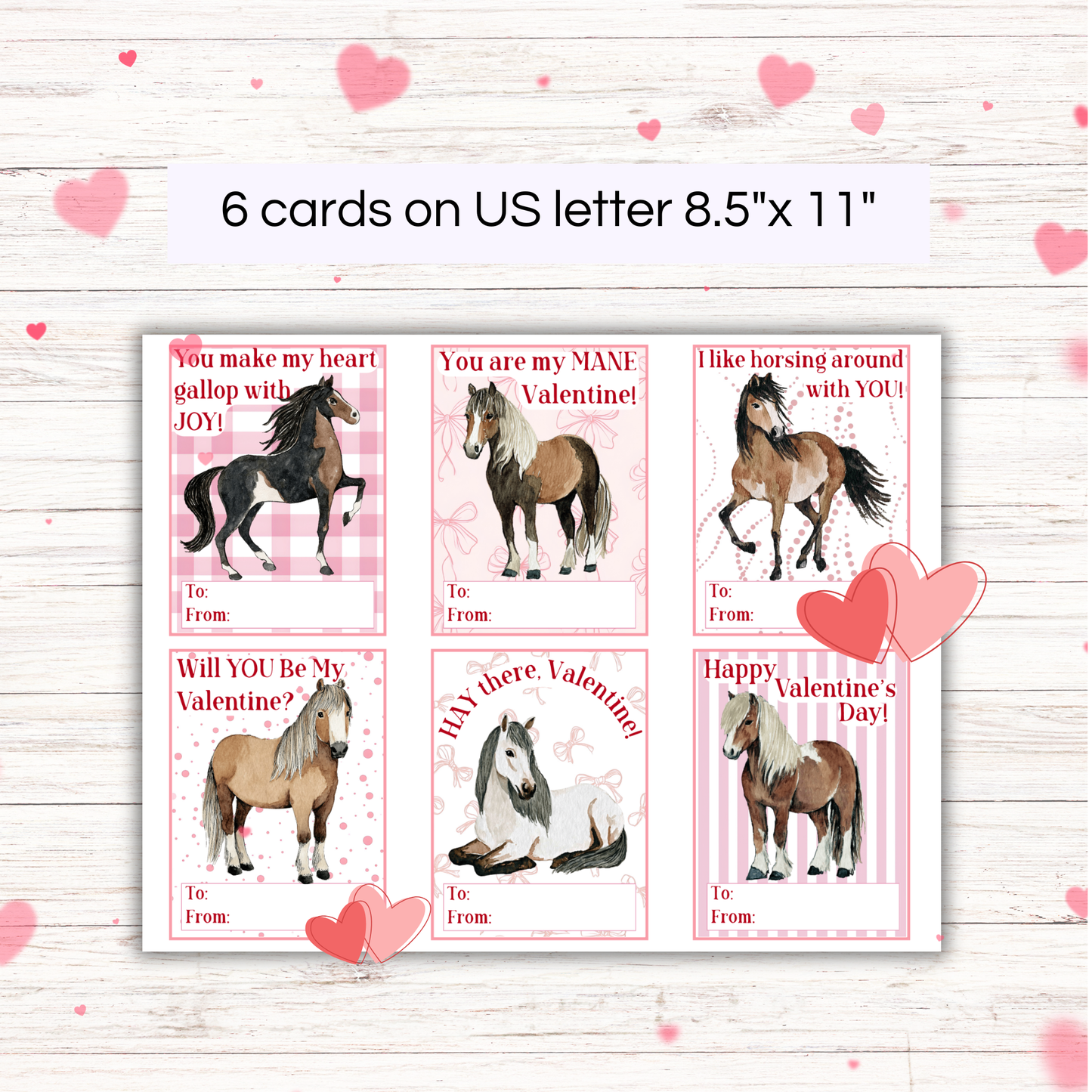 6 printable Valentine's Day horse cards. Horses are brown and the cards are pink and white. Hearts on the background.