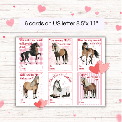 6 printable Valentine's Day horse cards. Horses are brown and the cards are pink and white. Hearts on the background.