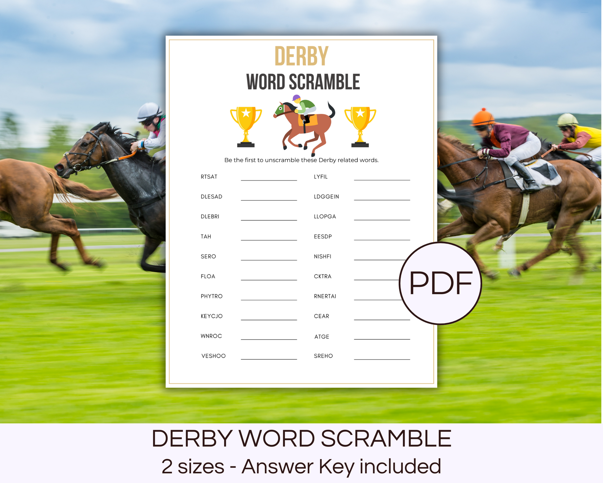 Derby Word Scramble Game, Horse racing game US letter