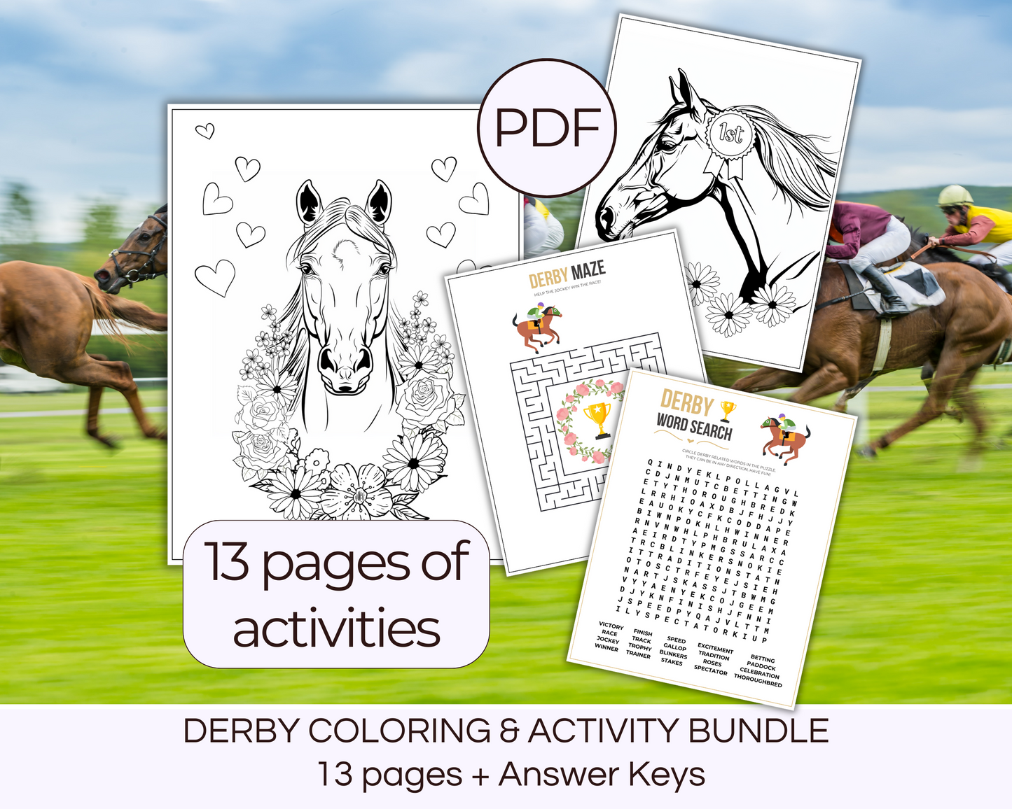 Derby Horse Race Coloring and Activity Booklet, showing 4 pages of horse maze, horse word search and horse coloring pictures. Includes 13 pages of activities.
