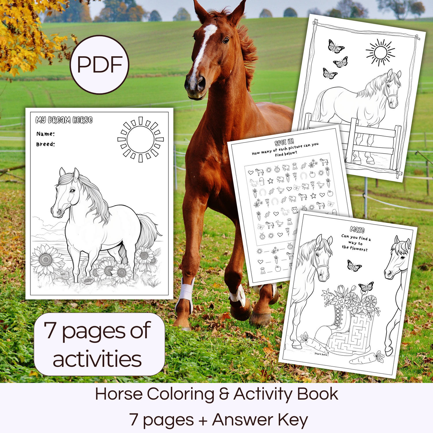 Free printable horse coloring and activity book for kids
