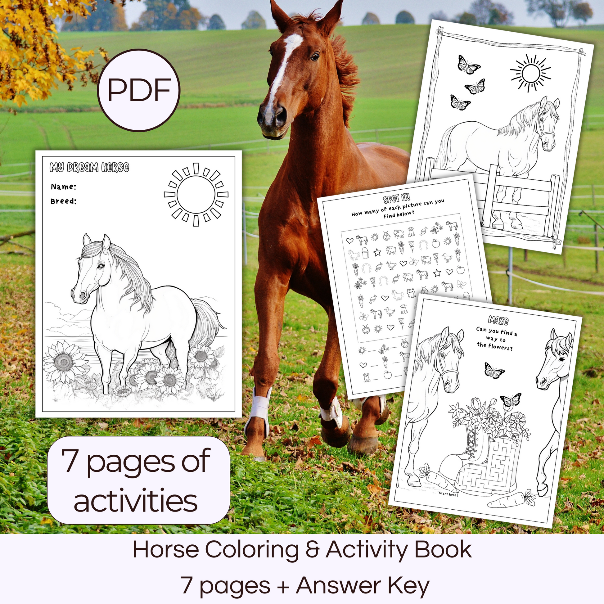 Free printable horse coloring and activity book for kids