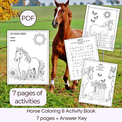 Free printable horse coloring and activity book for kids