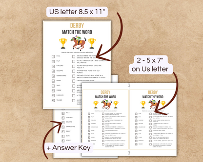 Printabele Derby Horse Race Match the Word Game US letter and 2 -5x7" on US letter + Answer Key