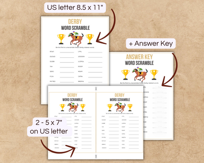 Derby Words Scramble Game in US letter size as well as 2 -5x7" on US letter + Answer Key, Horse racing games