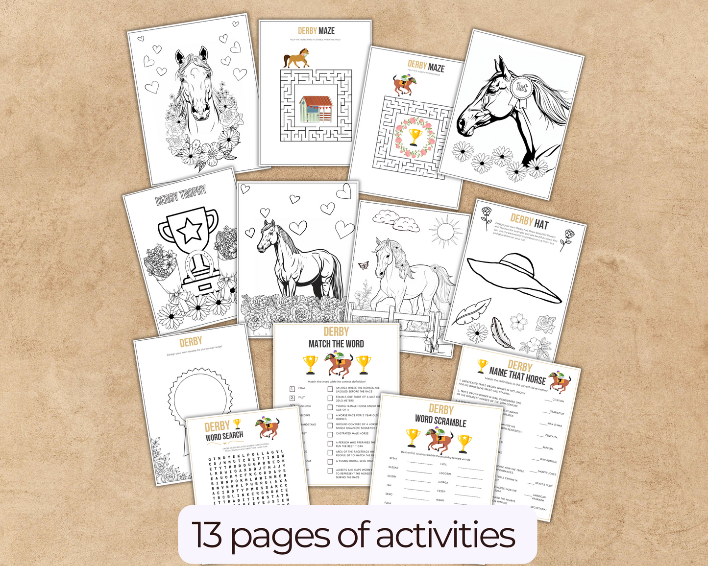 Derby Horse Activities of 13 pages including horse coloring, maze and word search.