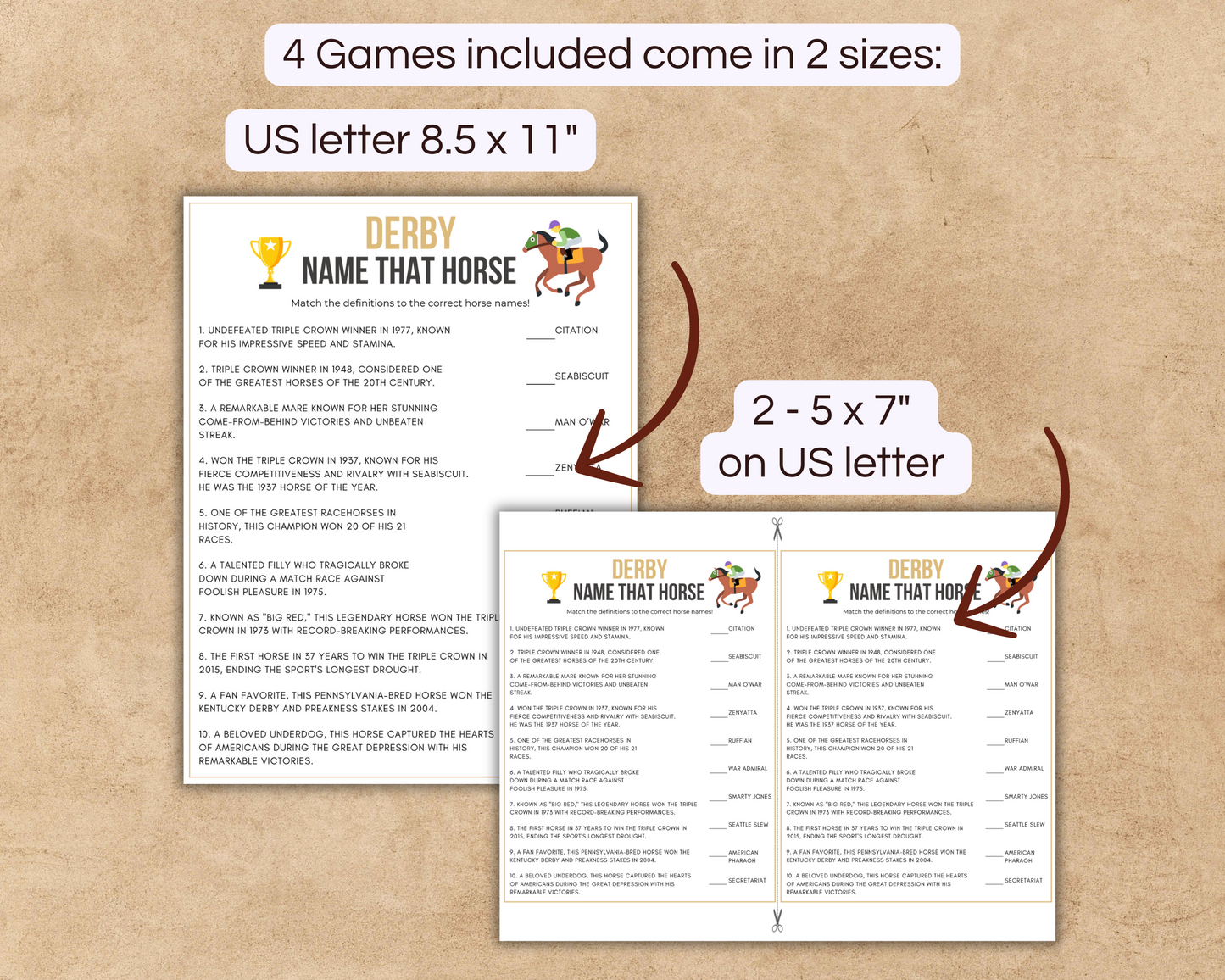 Presenting 2 sizes of the Derby games included in the activity bundle. US letter and 2 on US letter sizes. 
