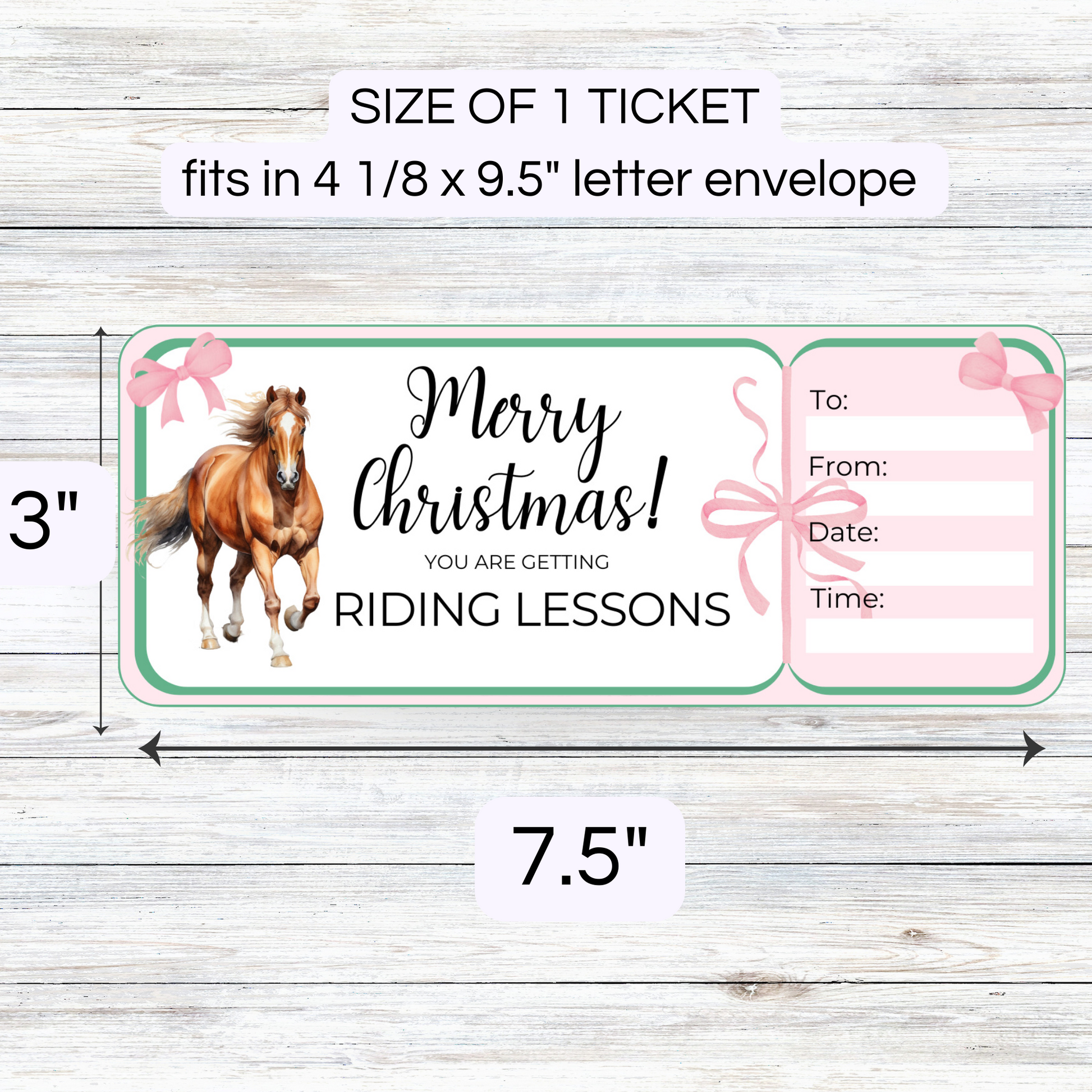 Merry Christmas Horse riding gift voucher ticket showing size