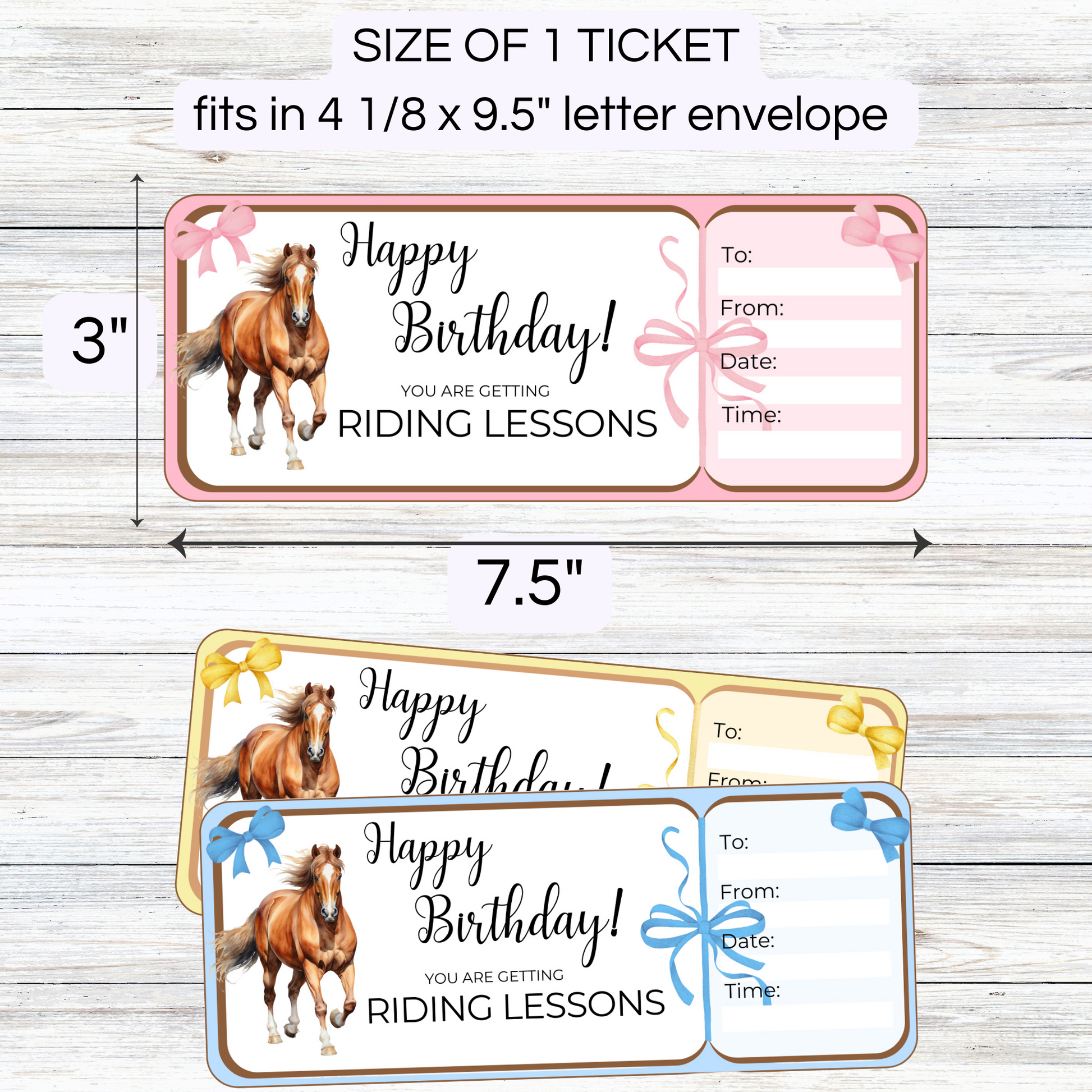 3 printable horse riding ticket vouchers. Pink, blue and yellow tickets on a gray background. Showing the size of one ticket.