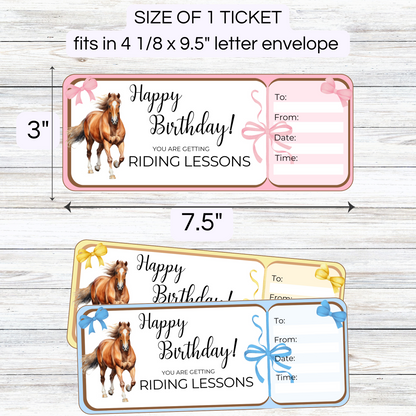 3 printable horse riding ticket vouchers. Pink, blue and yellow tickets on a gray background. Showing the size of one ticket.