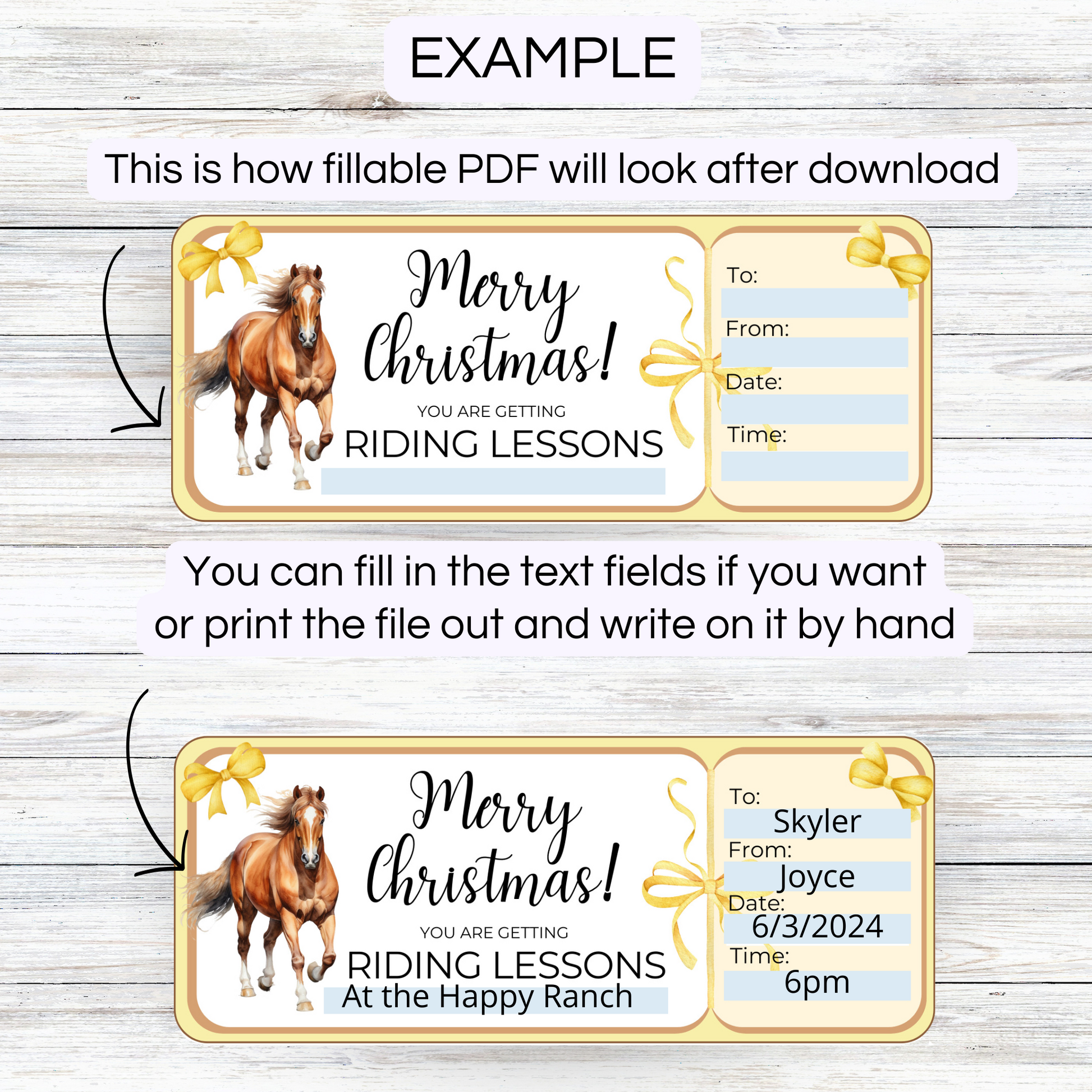 Merry Christmas Horse riding gift voucher tickets showing how to use fillable pdf