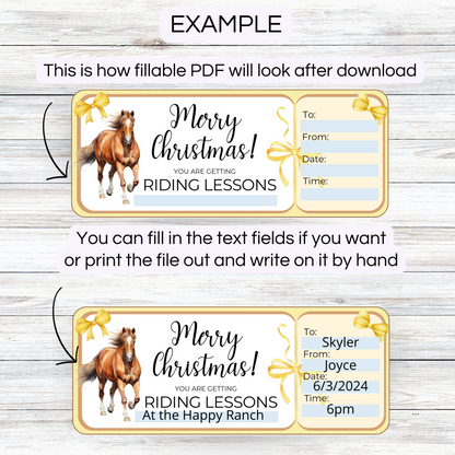 Merry Christmas Horse riding gift voucher tickets showing how to use fillable pdf