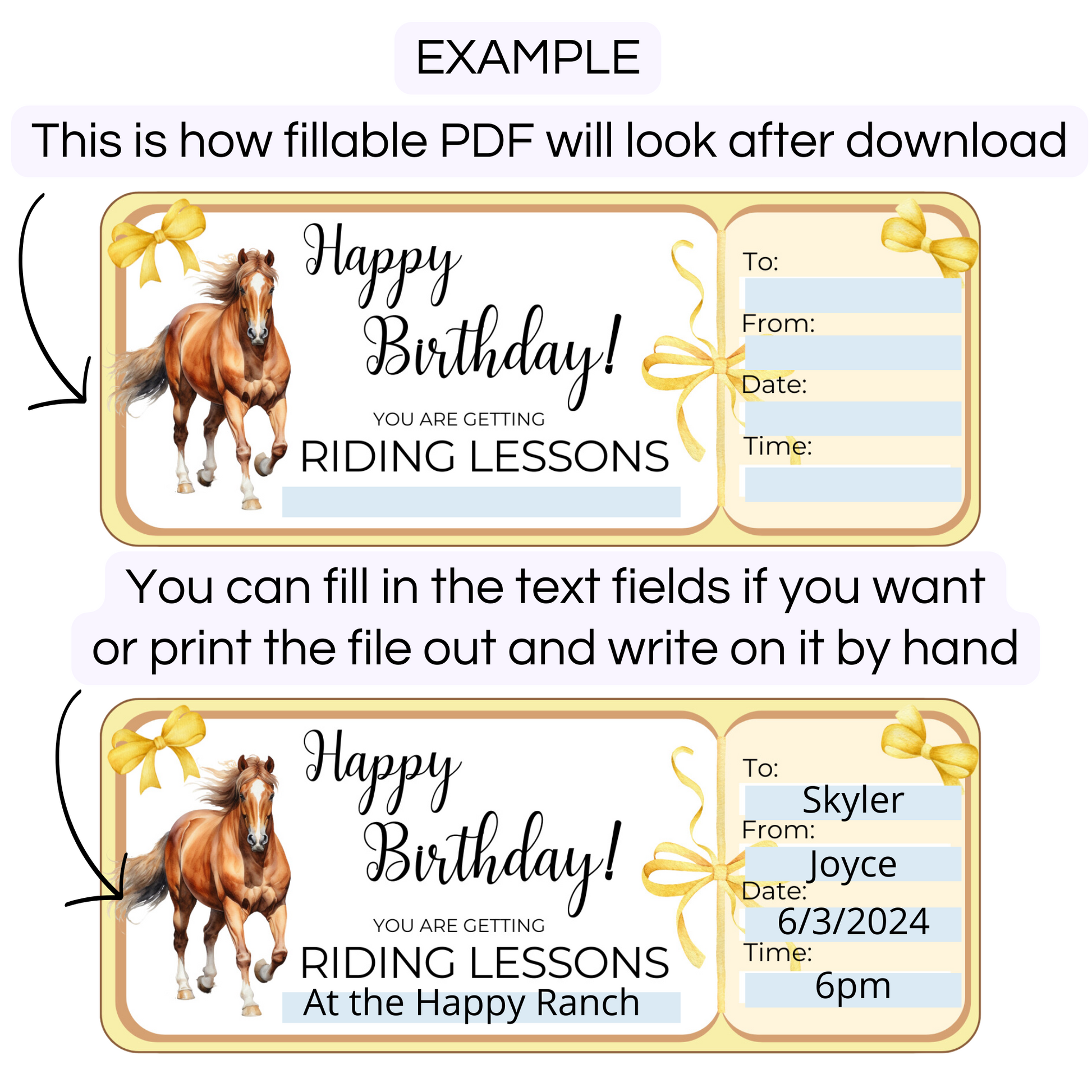 Printable horse riding ticket vouchers.  Yellow tickets on a gray background. Showing how fillable pdf works with these tickets.