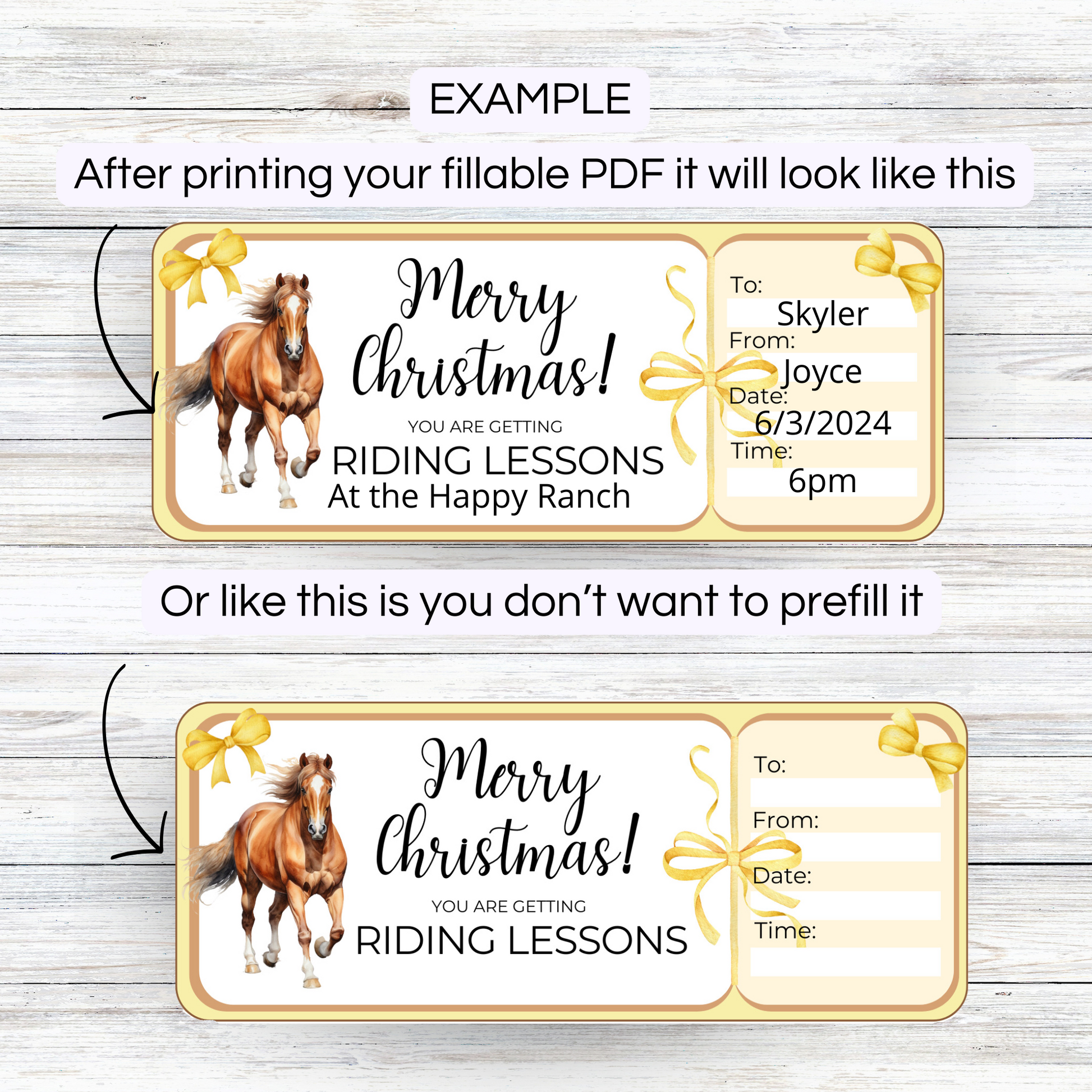 Merry Christmas Horse riding gift voucher tickets showing how to use them