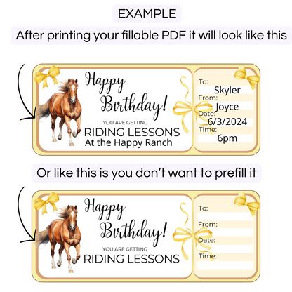 Printable horse riding ticket vouchers.  2 yellow tickets on a gray background. Showing how these fillable tickets work. 