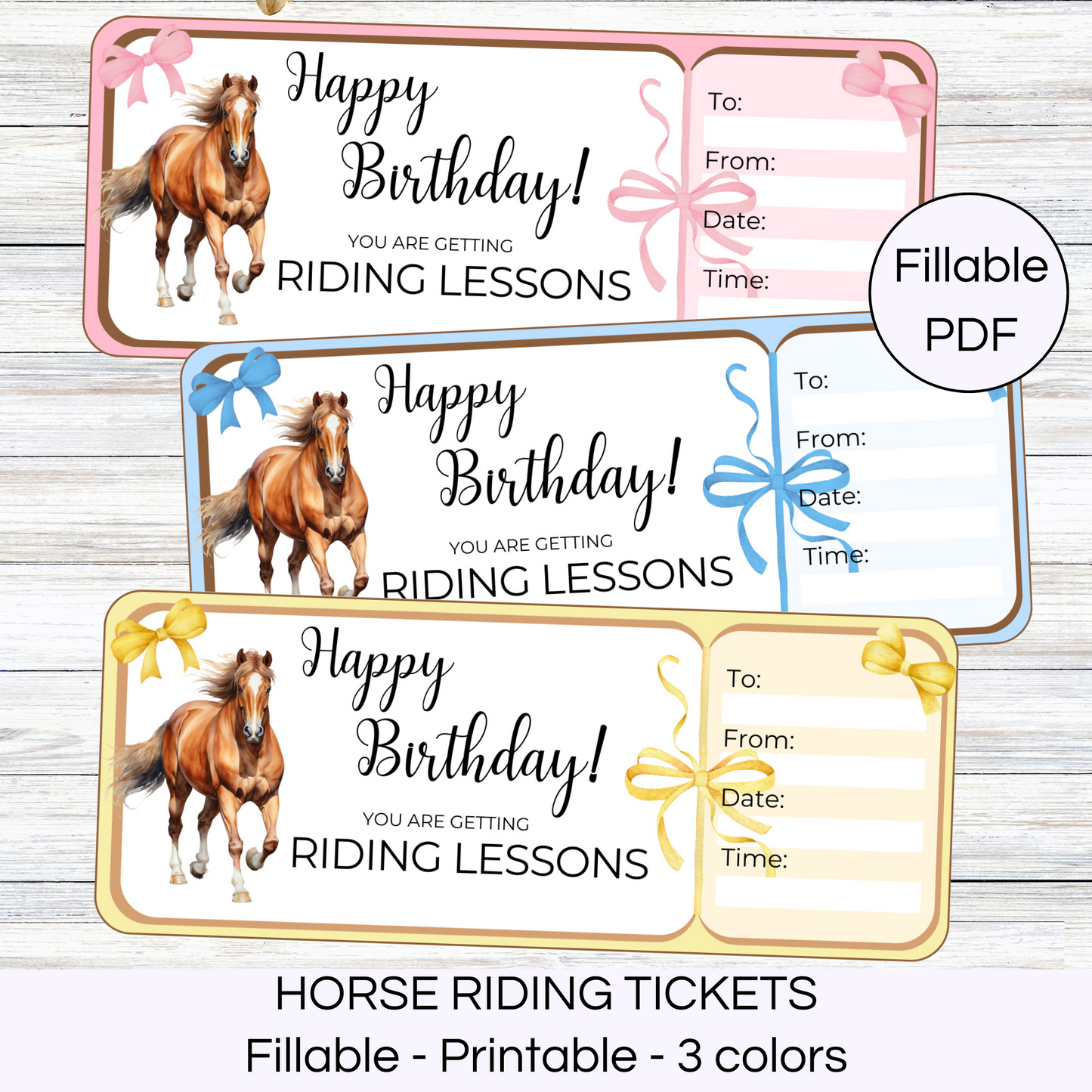 3 printable horse riding ticket vouchers. Pink, blue and yellow tickets on a gray background.