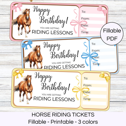 3 printable horse riding ticket vouchers. Pink, blue and yellow tickets on a gray background.