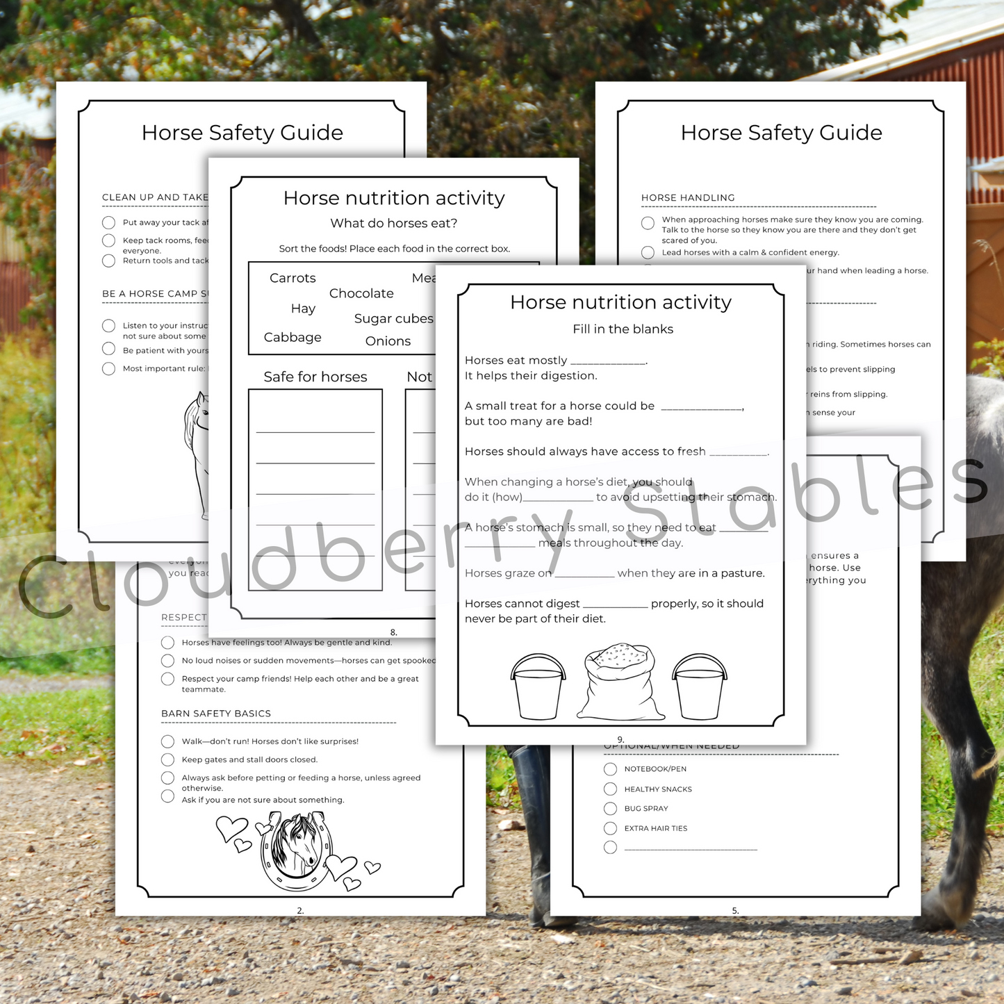 Horse Camp Activity and coloring workbook printable, showing 5 pages. Pages are black and white. Summery background. 
