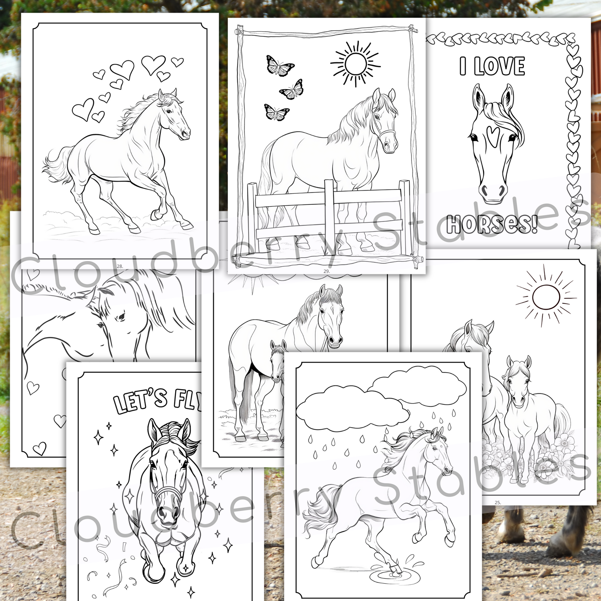 Horse Camp Activity and coloring workbook printable, showing 8 pages of horse coloring pages. Pages are black and white. Summery background. 