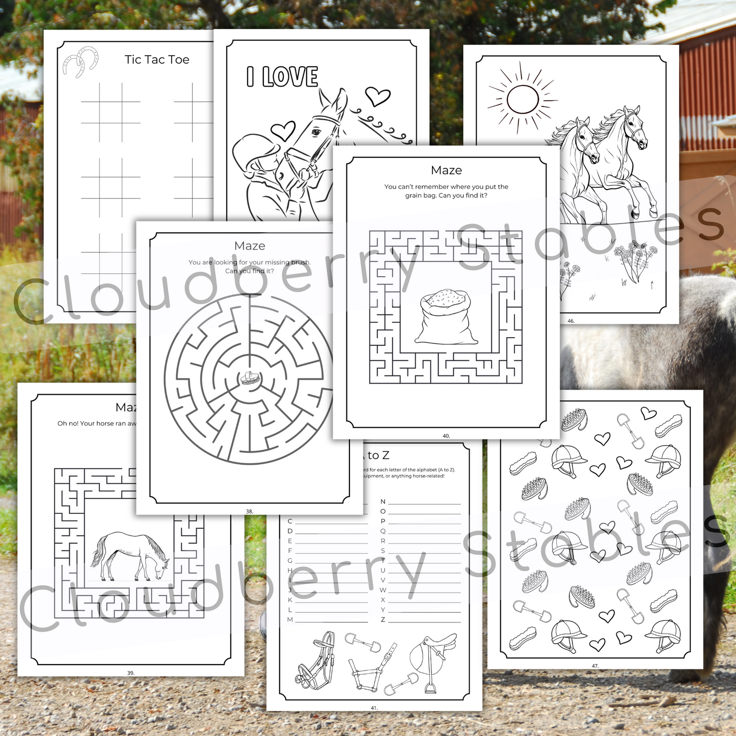 Horse Camp Activity and coloring workbook printable, showing 8 pages of activities such as mazes and horse coloring pictures. Pages are black and white. Summery background. 