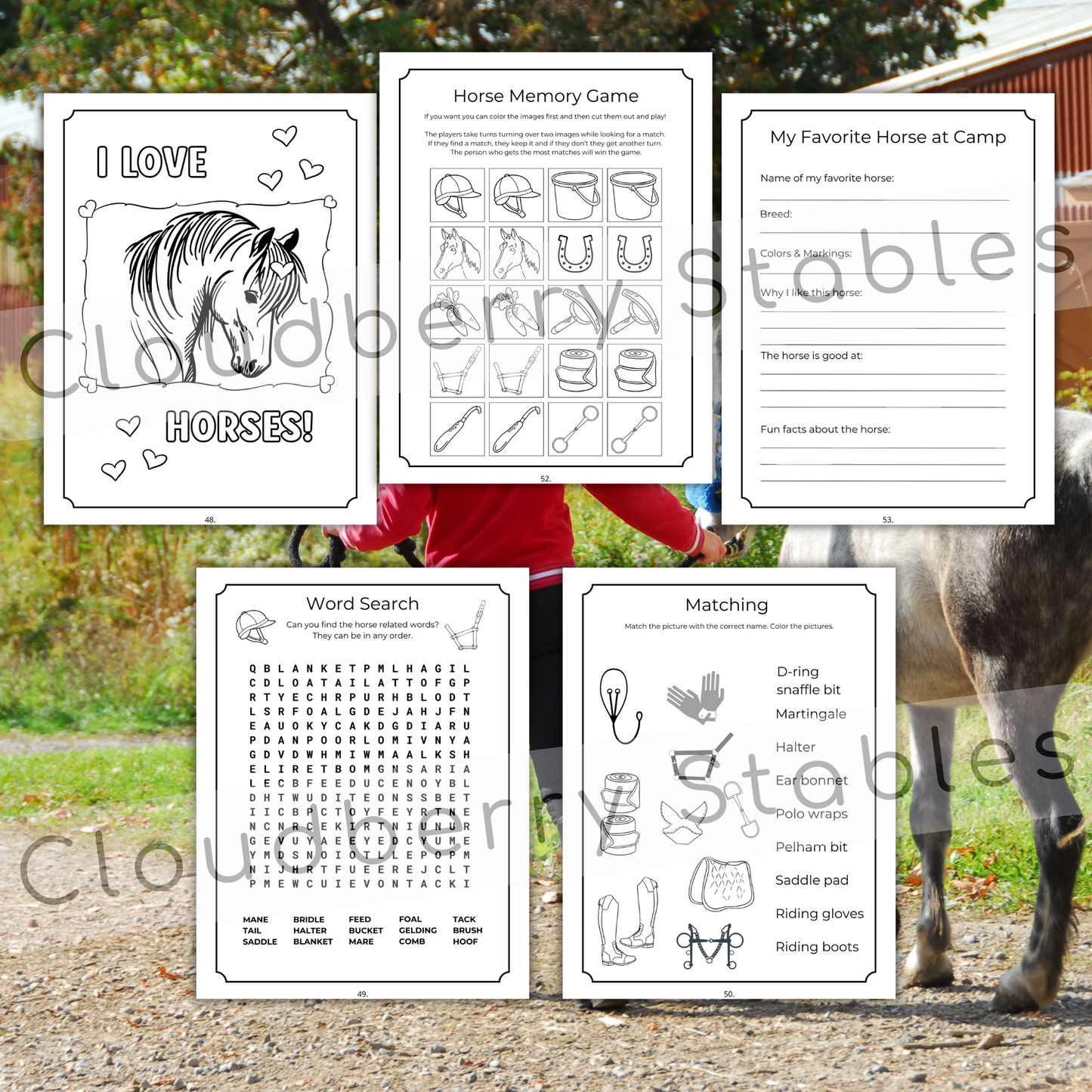 Horse Camp Activity and coloring workbook printable, showing 5 pages of activities such as horse word search, memory game and horse coloring pictures. Pages are black and white. Summery background. 