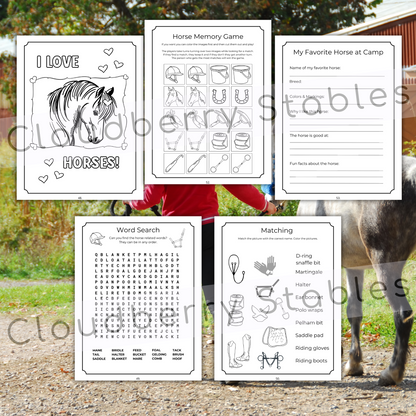 Horse Camp Activity and coloring workbook printable, showing 5 pages of activities such as horse word search, memory game and horse coloring pictures. Pages are black and white. Summery background. 