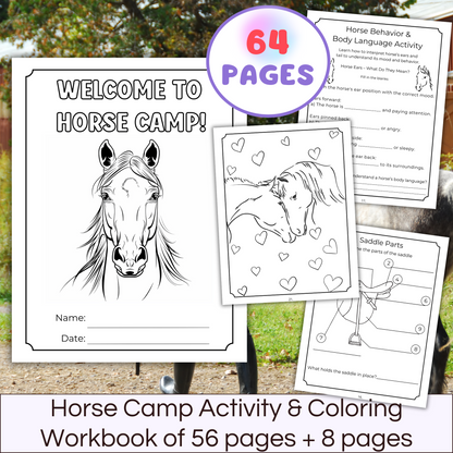Horse Camp Activity and coloring workbook printable, showing 3 pages and a cover that has a picture of a horse. Pages are black and white. Summery background. 