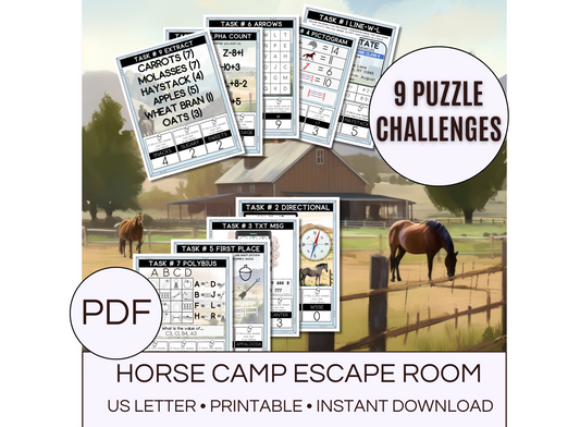 Horse Camp escape room game for kids of 9 puzzle challenges, PDF instant download