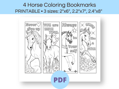 Picture of 4 bookmarks with different horses on them. They have text too