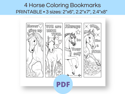 Picture of 4 bookmarks with different horses on them. They have text too