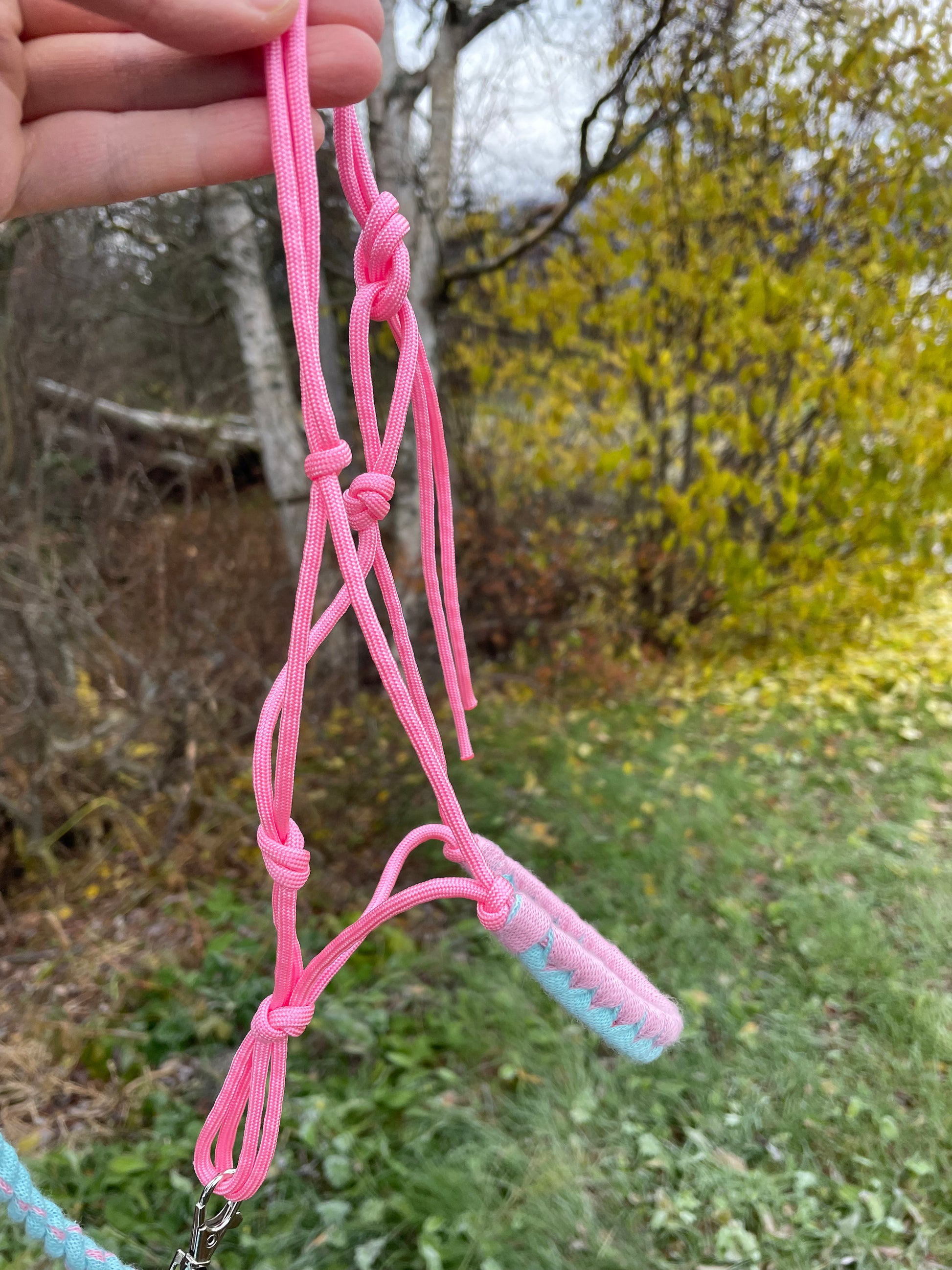 Hobby horse halter pink on a green nature background. Halter is being held in a hand and it is hanging. 