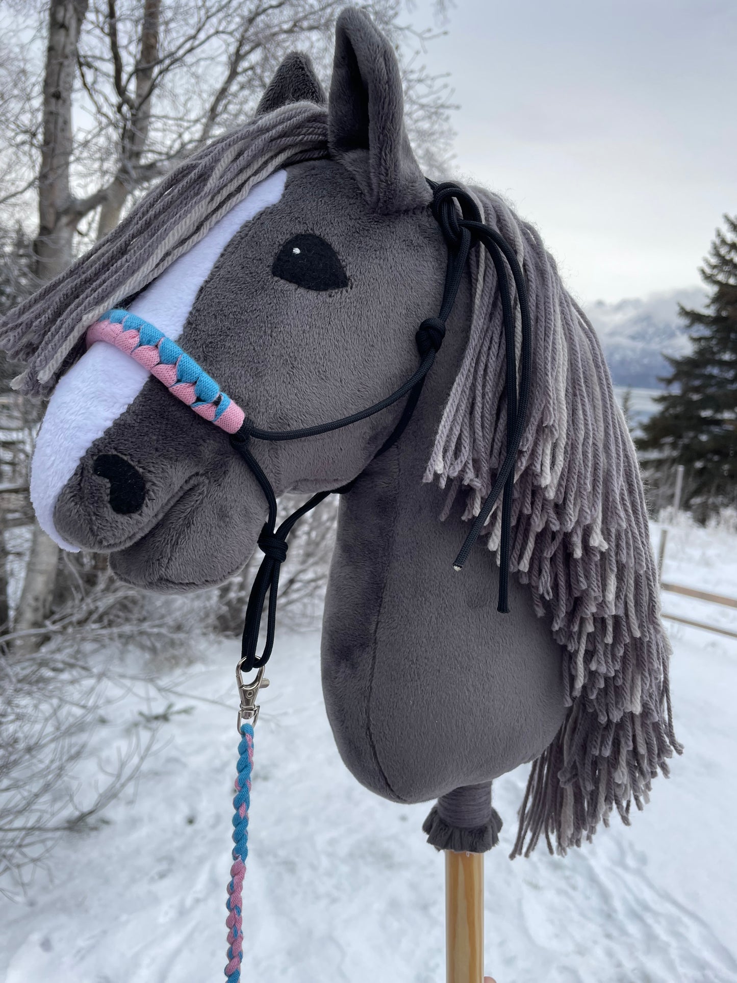 Hobby Horse dark gray with halter. Outside on a snowy background.