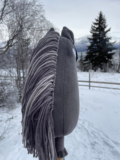 Hobby Horse dark gray with halter. Outside on a snowy background. Showing back of the horse.