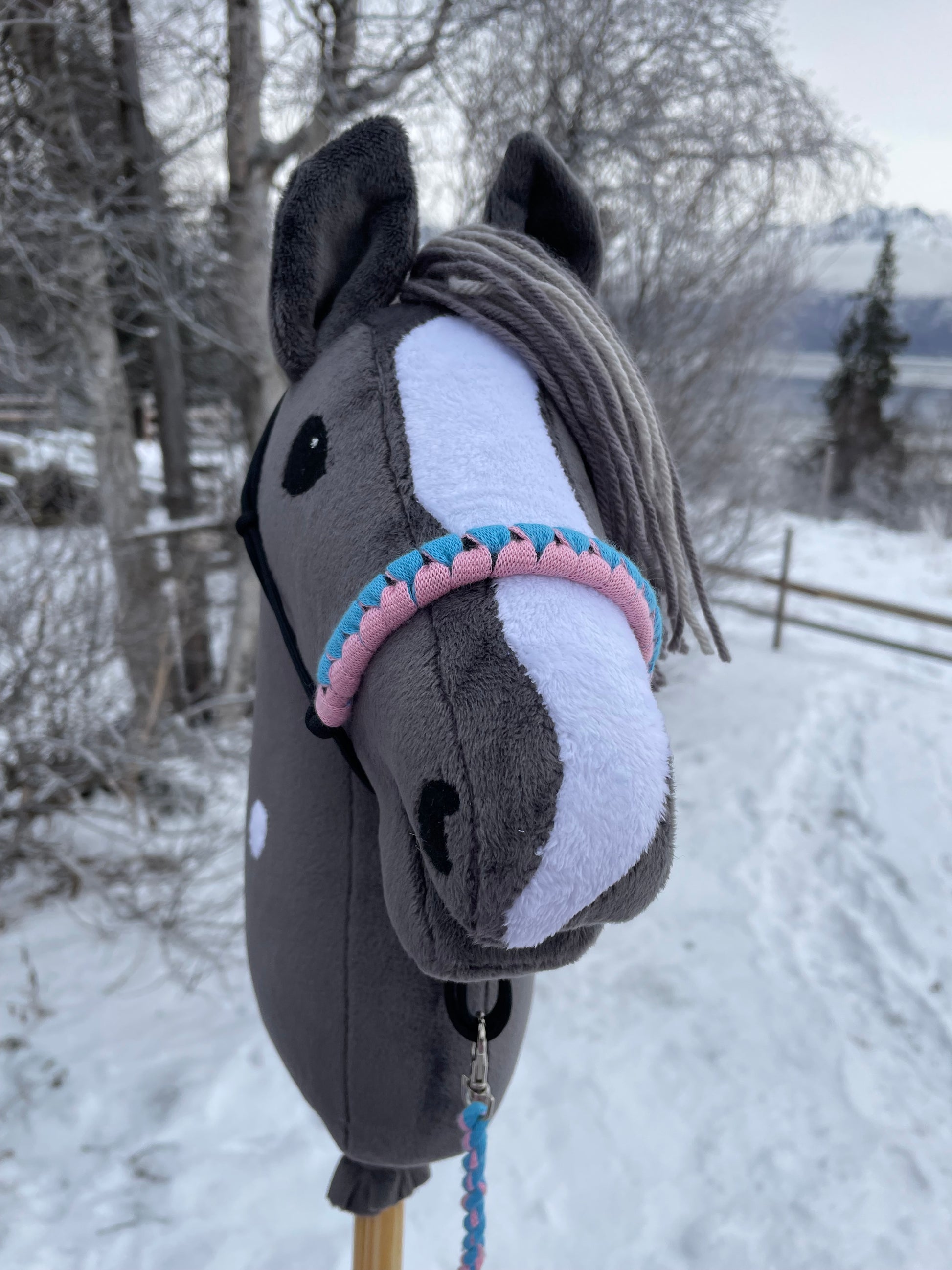 Hobby Horse dark gray with halter. Outside on a snowy background.