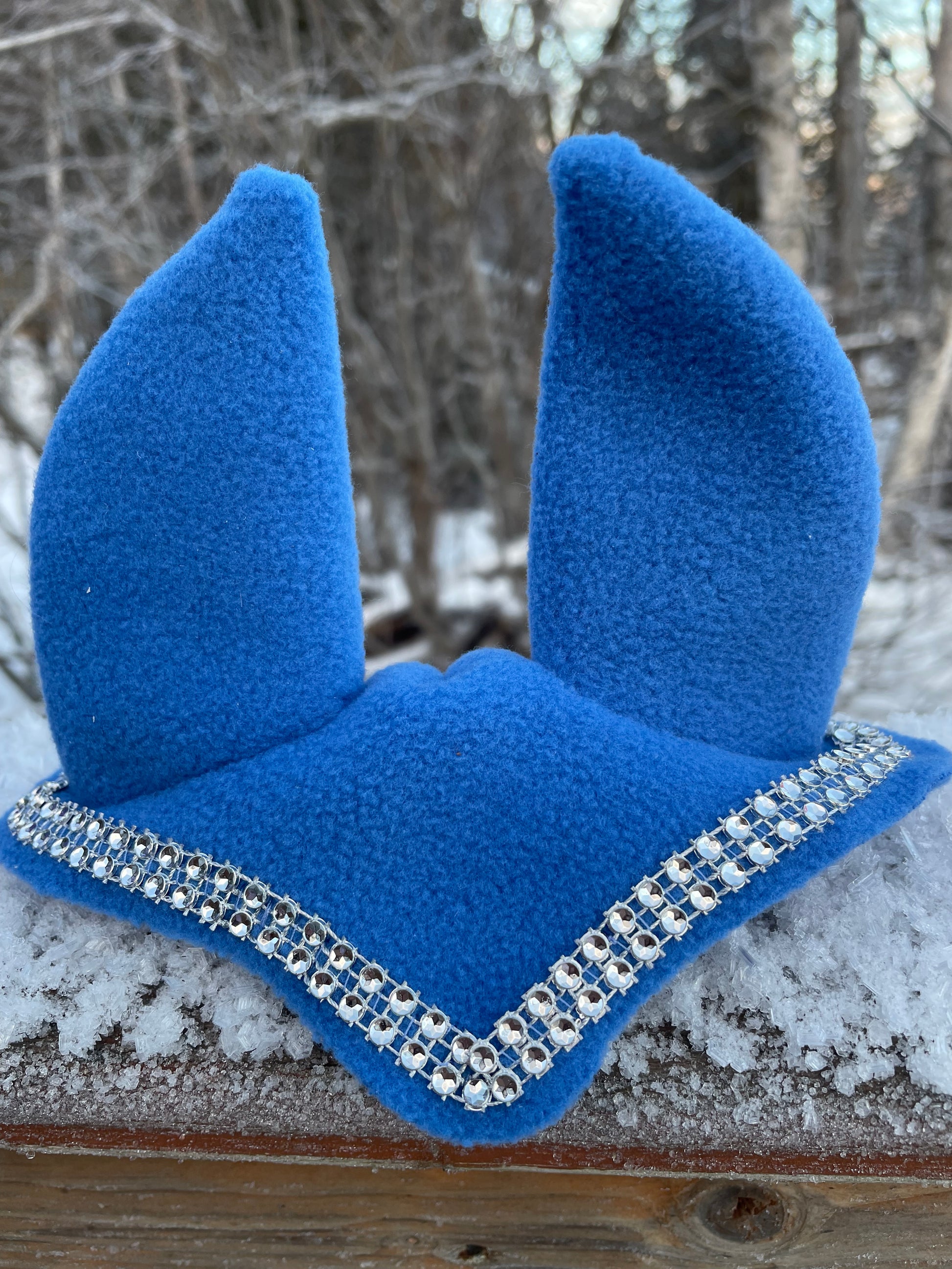 Hobby horse ear bonnet in blue. It has silver bling on it. Background is snowy picture.