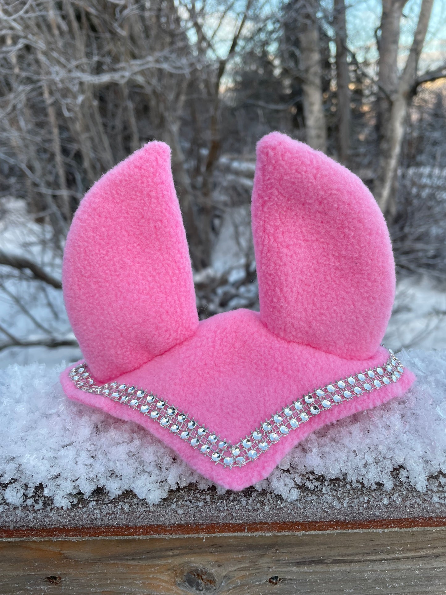 Hobby horse ear bonnet in pink. It has silver bling on it. Background is snowy picture.