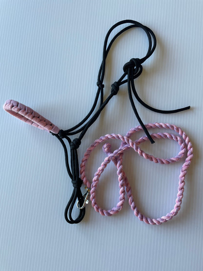 Black hobby horse rope halter with pink and purple on white surface.