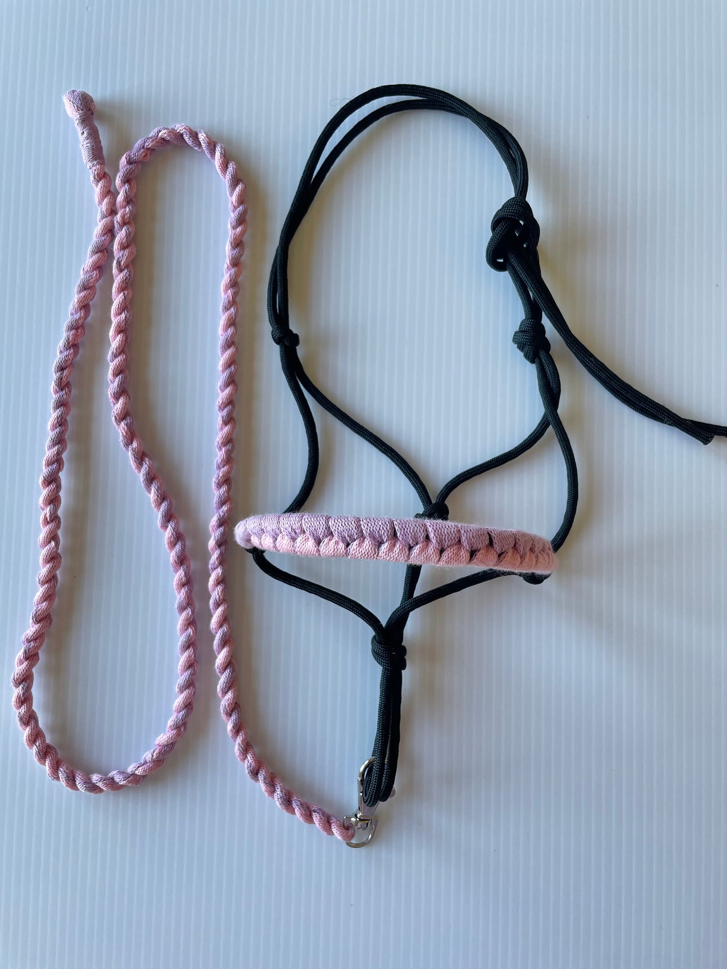 Black hobby horse rope halter with pink and purple and lead rope on white surface. 