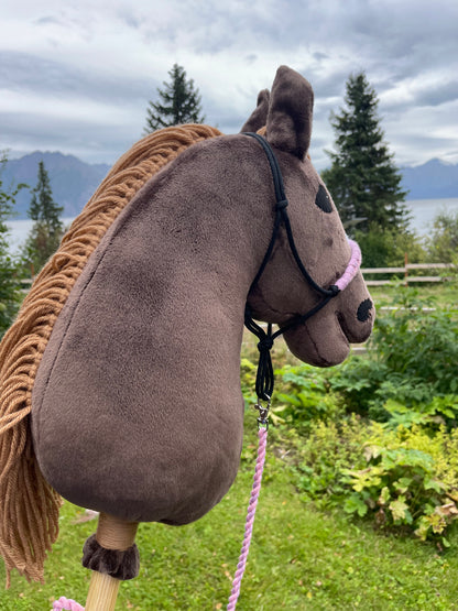Brown plush hobby horse toy on a grassy background. Horse has a rope halter on. It has pink and purple on it. Horse looks away.