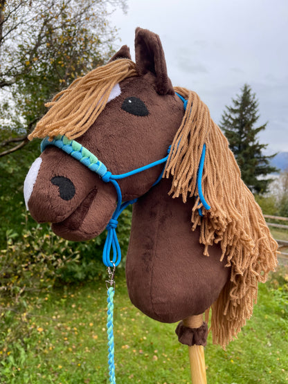 Brown Hobby horse toy with a blue halter in an outdoor setting.