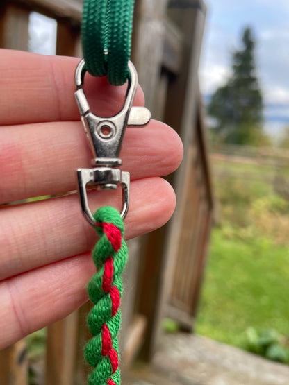 Close-up of a green lead  rope with a silver clasp held between fingers, blurred outdoor background. 