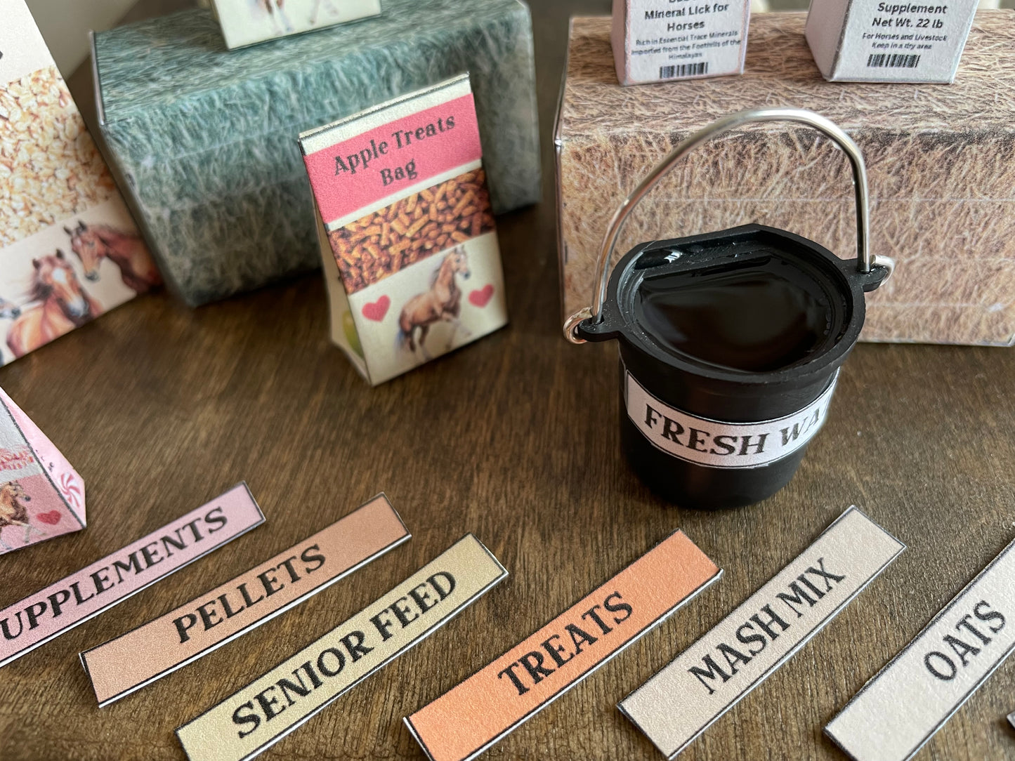 Horse Feed labels, feed packaging and labels on a wooden surface