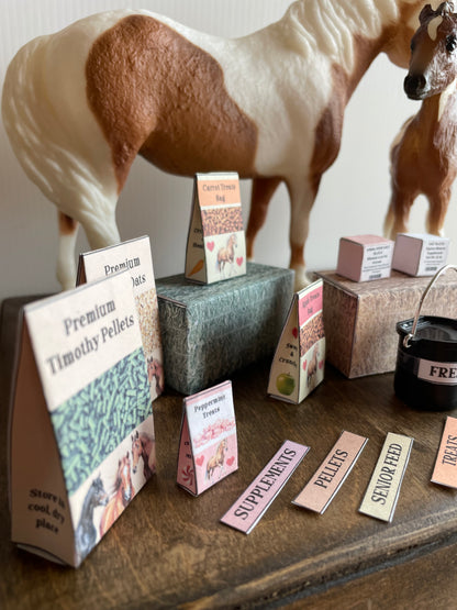 Box of miniature horse feed with labels on a wooden surface, 2 model horses on the background
