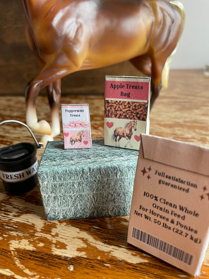 Close-up of minaiture horse feed items on a wooden surface