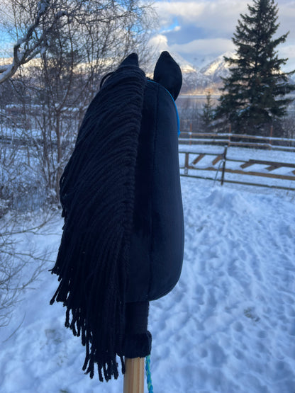Black hobby horse facing away against a snowy background