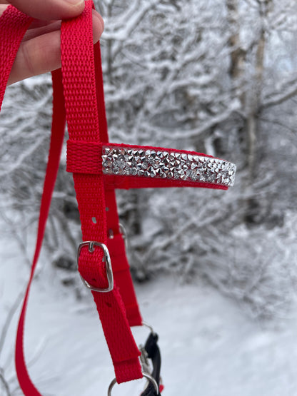 Red hobby horse bridle with decorative silver bling held against a snowy background